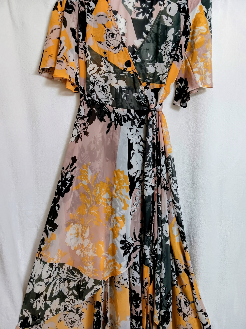 City Chic Yellow Pink Black Floral Maxi Wrap Dress